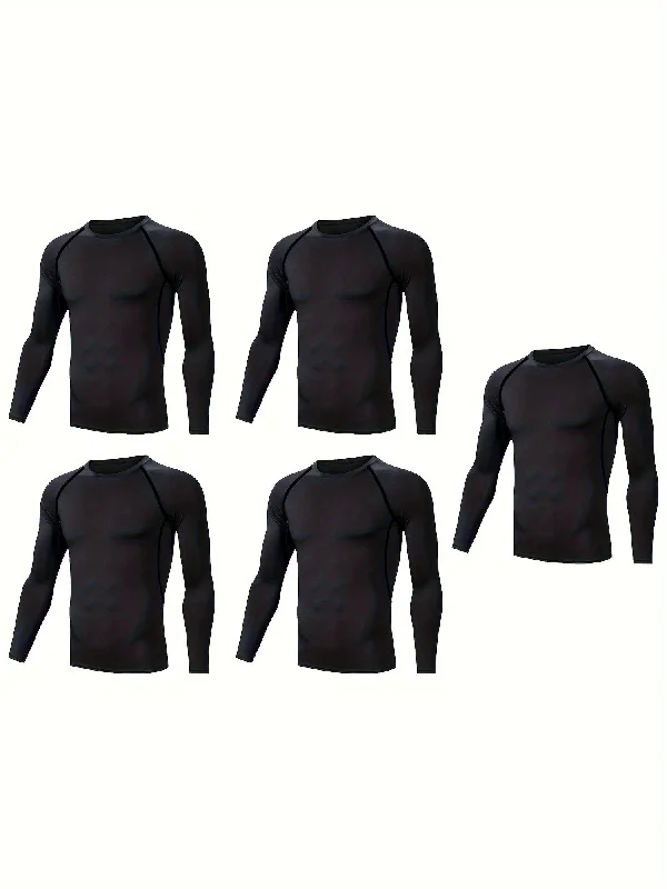 5 Pcs Mens High-Performance Solid Muscle Fit T-Shirts - Stretchy Crew Neck Long Sleeve Sports Tees for Active Fitness Enthusiasts - Moisture-Wicking, Quick-Drying, Four-Season Wear for Hiking, Jogging, Cycling, and Outdoor Activities