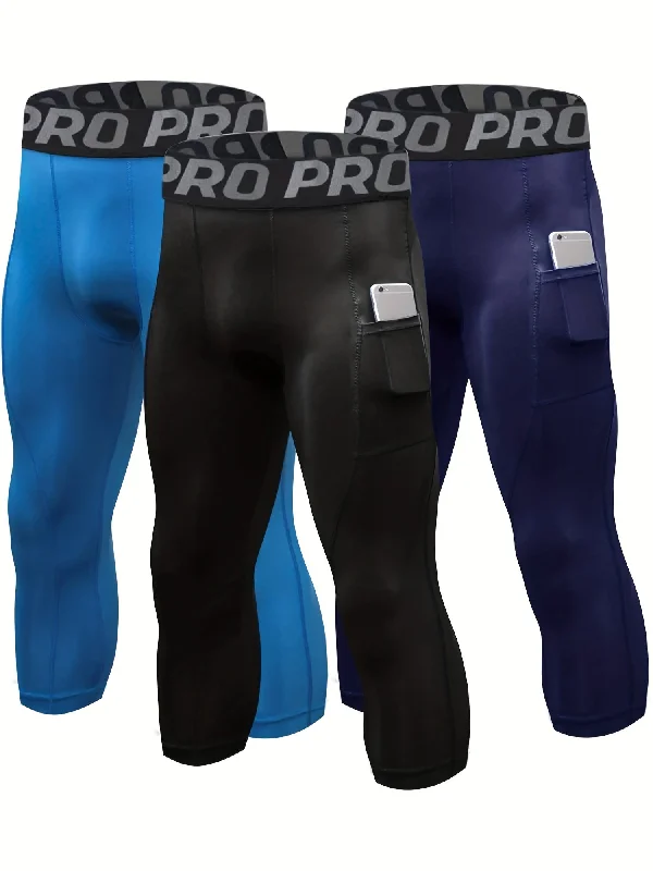 Buy 2 Get 1 Free, total of 3 pcs Men's Quick-Dry Compression Pants - Breathable, Moisture-Wicking, Pocketed Leggings for Sports, Running, Gym, Fitness - Comfortable, Four-Way Stretch, Anti-Chafing, Soft, Lightweight