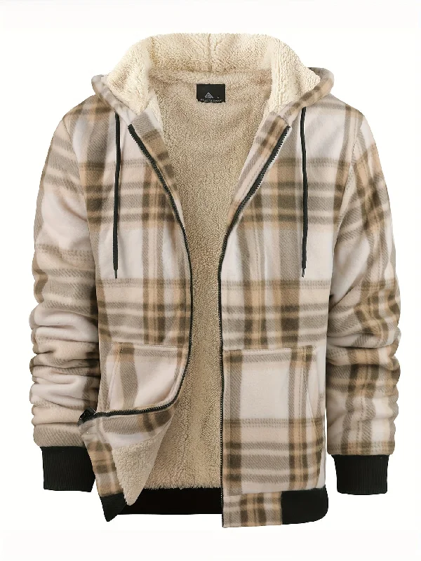 Cozy Plaid Hooded Fleece Jacket - Soft, Warm, and Water-Resistant Zip-Up Hoodie for Autumn and Winter Daily Outerwear - Classic Design, Casual, and Trendy Long Sleeve Jacket for Men