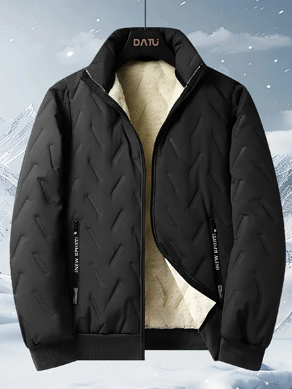 Men's Casual Fleece-Lined Jacket - Waterproof, Zip-Up with Stand Collar & Geometric Pattern, Perfect for Fall/Winter