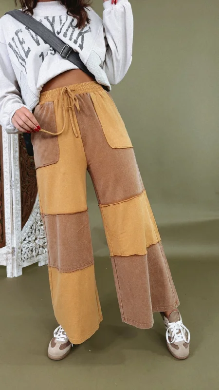 Elevated Casual Colorblock Wide Leg Pant, Mocha/Mustard