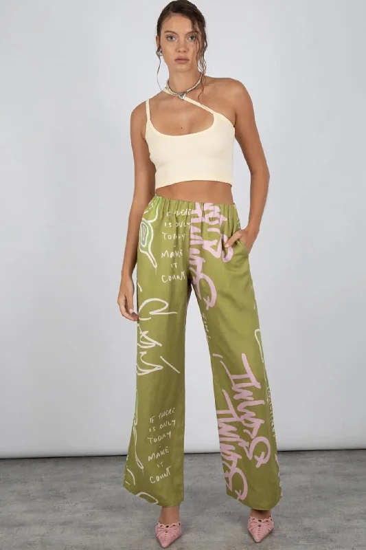 SUMMI SUMMI Womens Linen Pants - Graffiti Butterfly Khaki