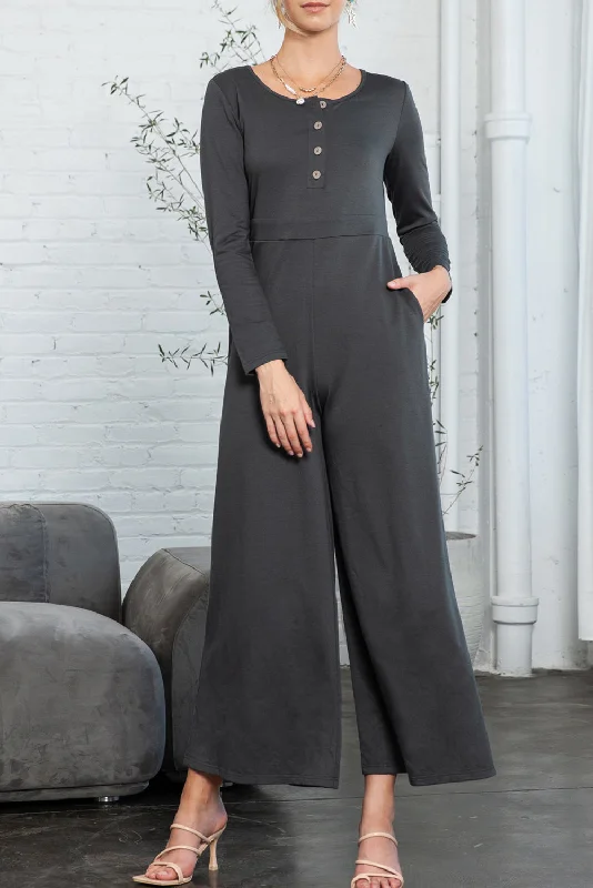 Trinity Button Long Sleeve Wide Leg Jumpsuit